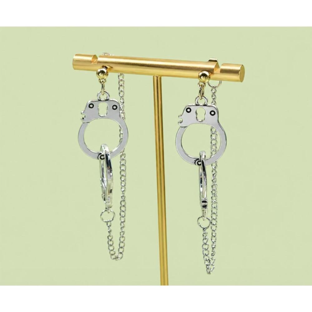 Handcuff Stud Earrings Silver Tone Metal Goth Boho